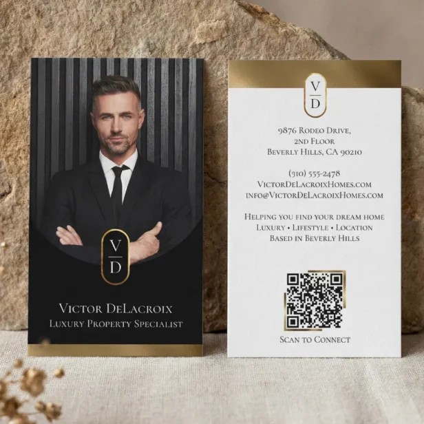 Luxury Modern Gold Arch Monogram Real Estate Photo Business Card
