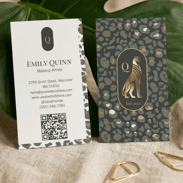Luxury Monogram Leopard Cheetah Print Beauty QR Business Card
