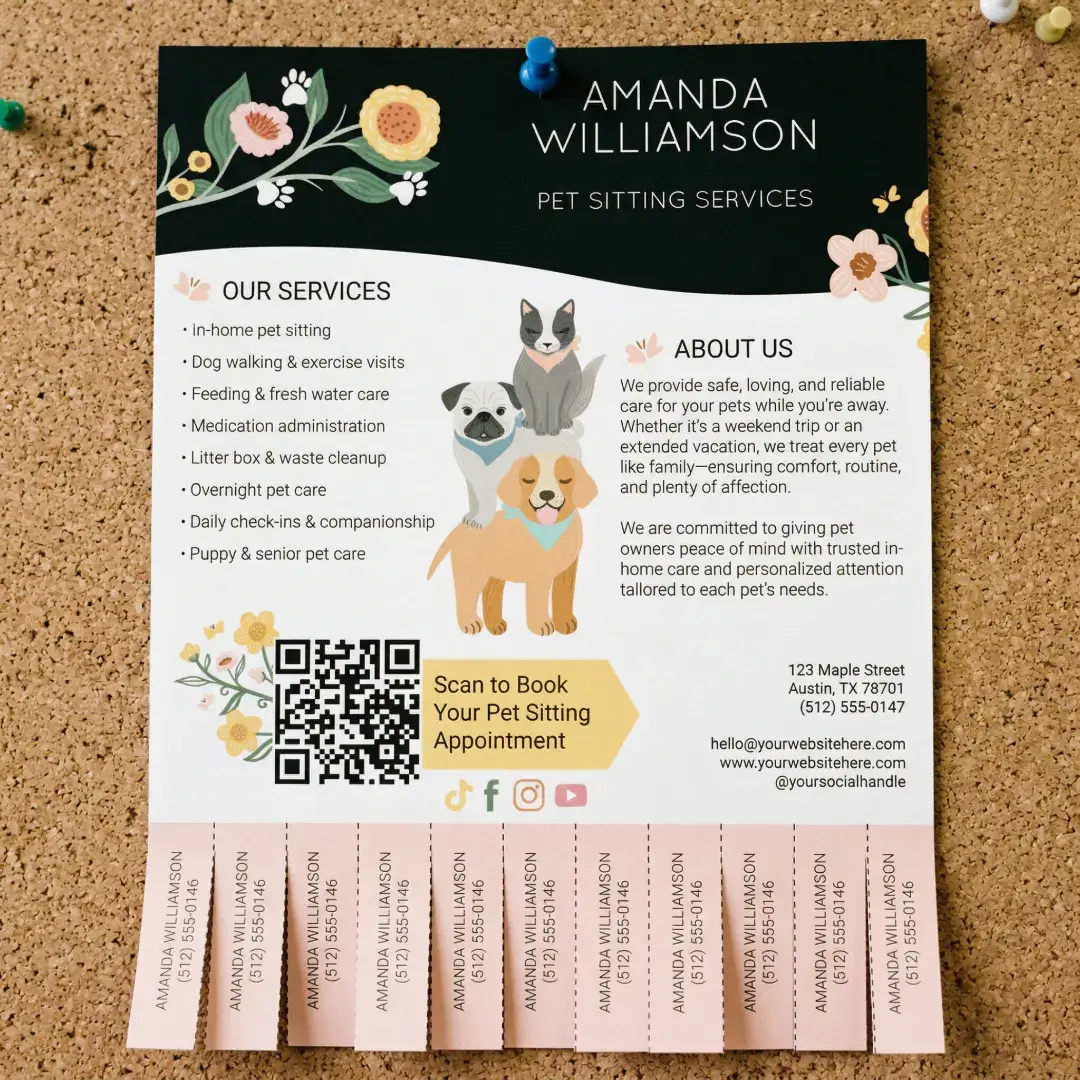 Pet Sitting Dog Cat Care Services Tear Off Tabs Flyer