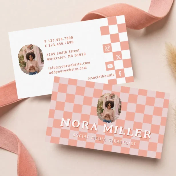 Pink Retro Checkered Pattern Content Creator Photo Business Card