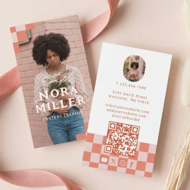Pink Retro Checkered Pattern Content Creator Photo Business Card
