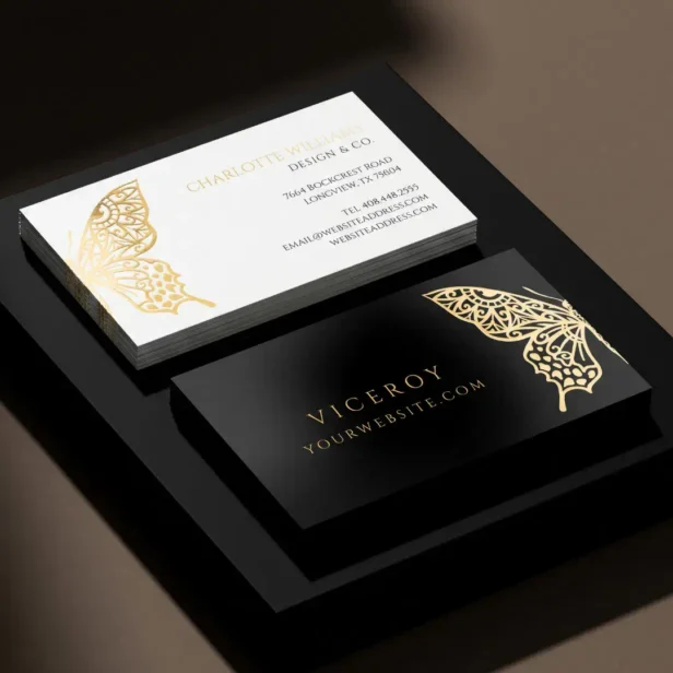 Beautiful Ornate Decorative Butterfly Logo Black Foil Business Cards