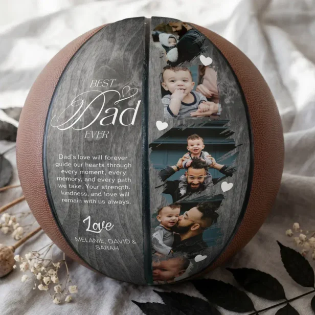 Best Dad Ever Grey Woodgrain Fathers Day Photo Collage Basketball