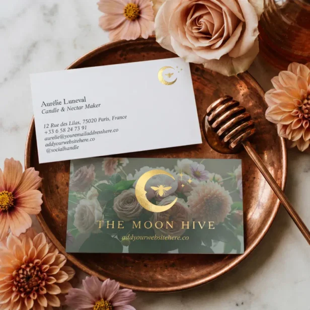 Celestial Moon Star Honey Bee Vintage Floral Foil Business Cards
