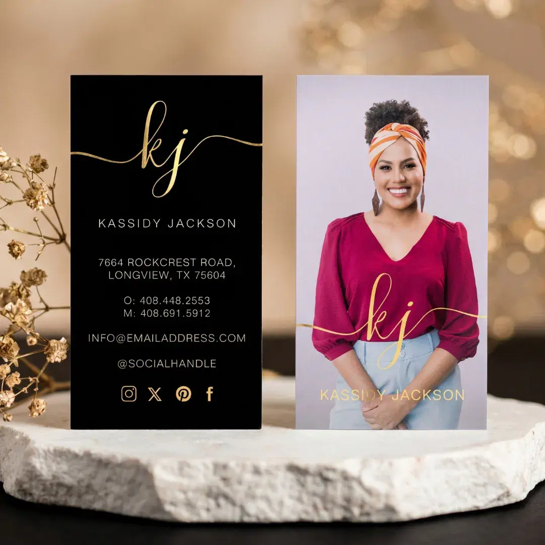 Chic Black Gold Script Monogram Professional Photo Foil Business Cards