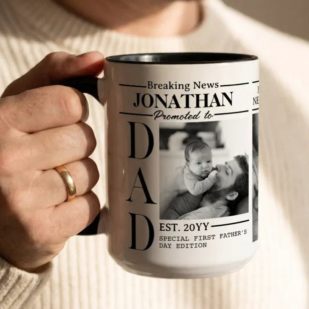Dad Newspaper Black & White Photo Collage First Father's Day Mug