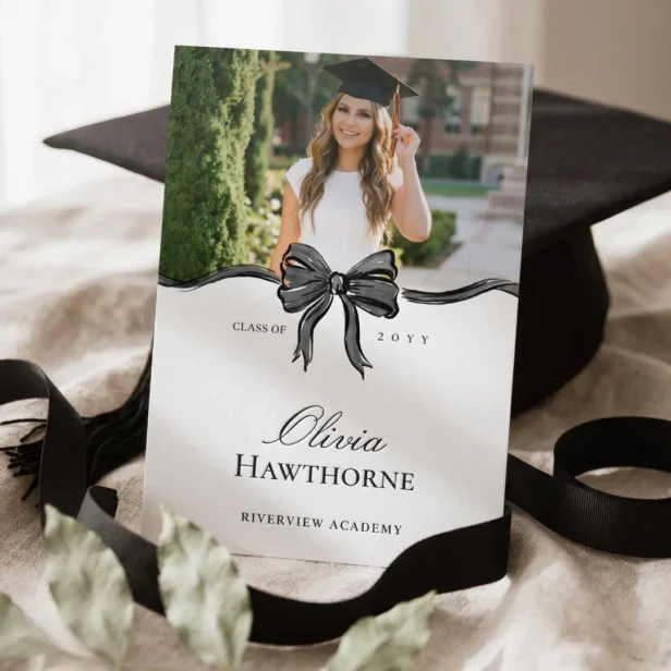 Elegant Stylish Black Bow Ribbon Photo Graduation Letterpress Photo Cards