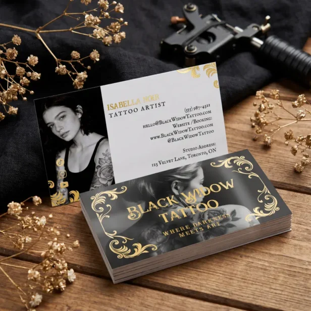 Gothic Black Tattoo Ink Artist Typography Photo Foil Business Cards
