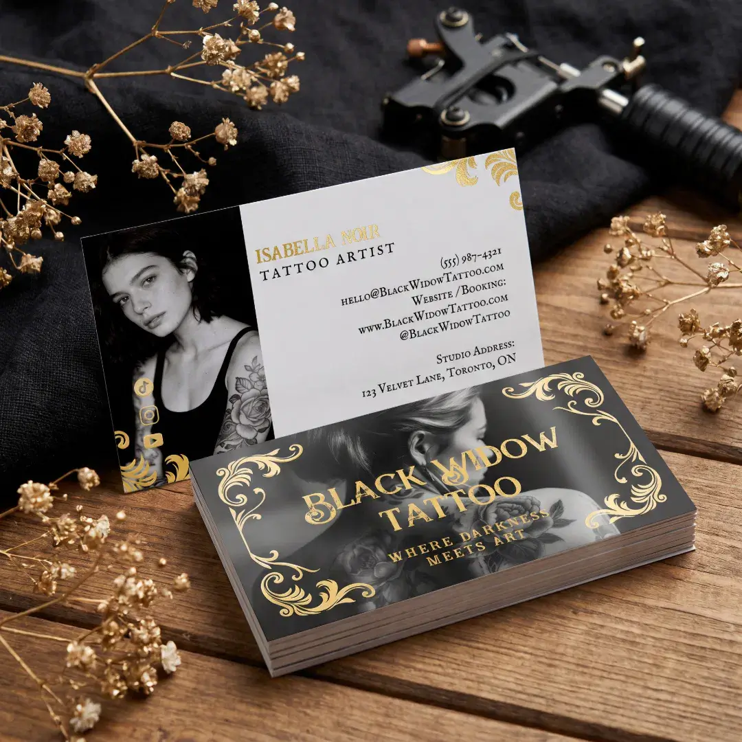 Gothic Black Tattoo Ink Artist Typography Photo Foil Business Cards