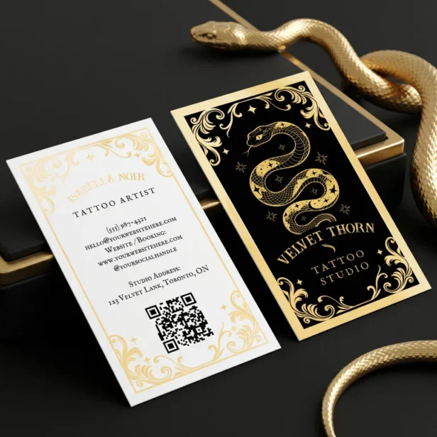 Gothic Vintage Black Gold Tattoo Artist Studio Foil Business Cards