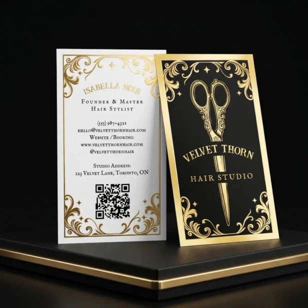 Gothic Vintage Hair Stylist Beauty Salon Black Foil Business Cards