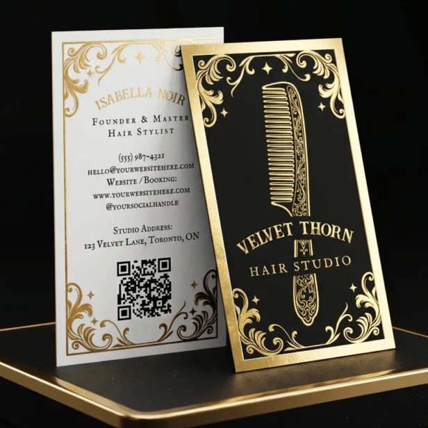 Gothic Vintage Hair Stylist Beauty Salon Black Foil Business Cards