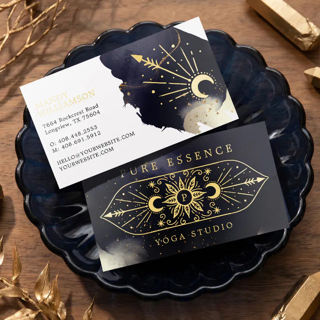 Holistic Celestial Sun & Moon Dark Ink Monogram Foil Business Cards