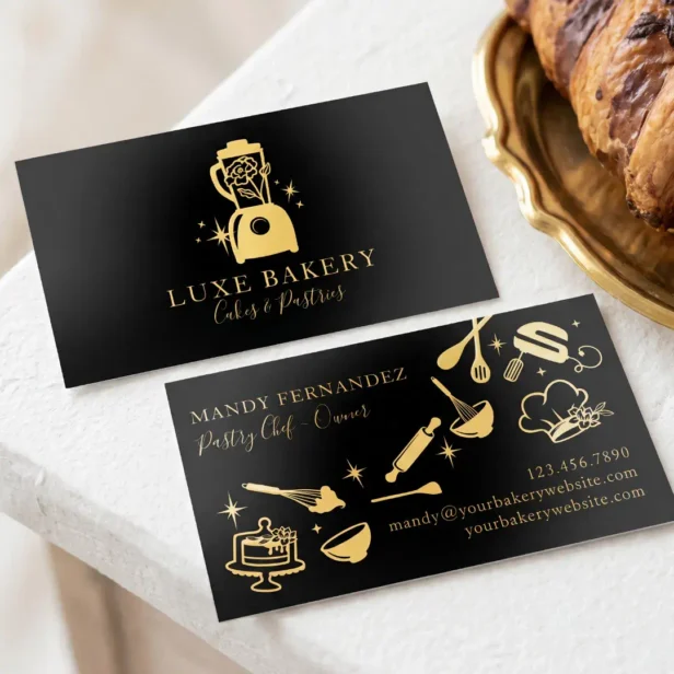 Luxe Black Gold Gourmet Floral Blender Pastry Chef Foil Business Cards