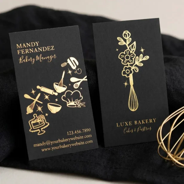 Luxe Gourmet Pastry Chef Gold Bakery Floral Whisk Foil Business Cards