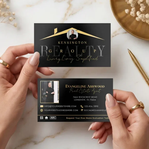 Luxury Black Gold Script Real Estate Agent Photo Foil Spot Gloss Business Cards