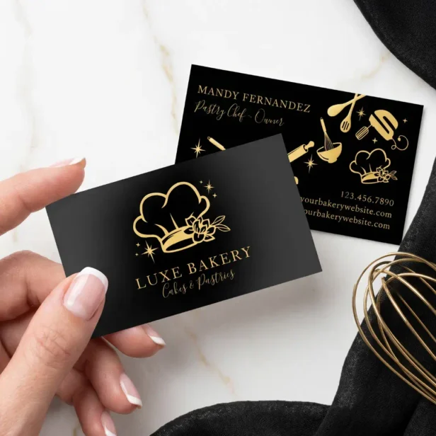 Luxury Black Gold Upsale Bakery Pastry Chef Baker Foil Business Cards