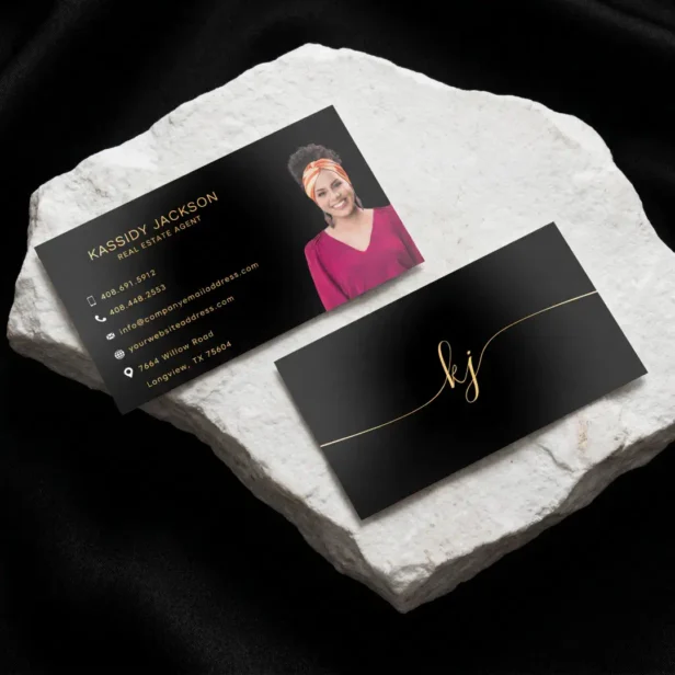 Luxury Elegant Script Monogram Initials Photo Foil Business Cards