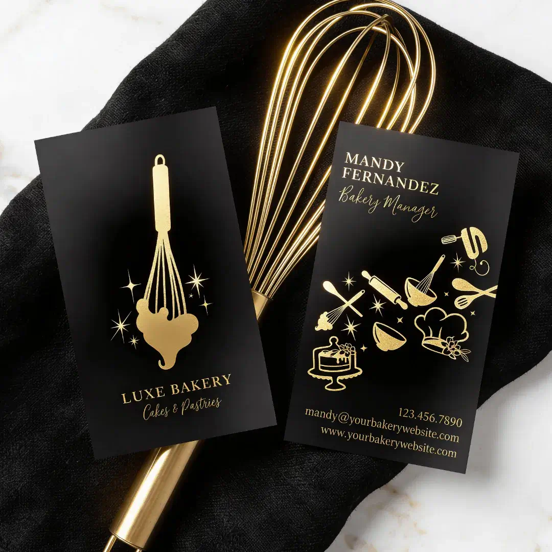 Luxury Gourmet Pastry Chef Black Gold Bakery Whisk Foil Business Cards