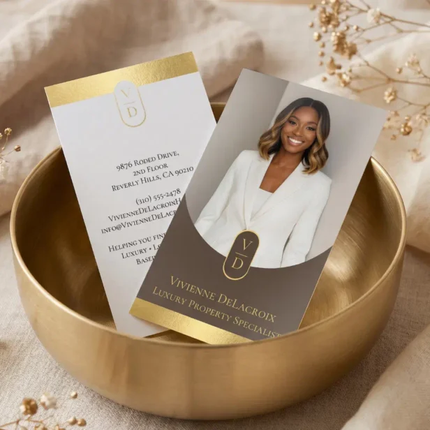 Luxury Modern Gold Arch Monogram Real Estate Photo Foil Business Cards