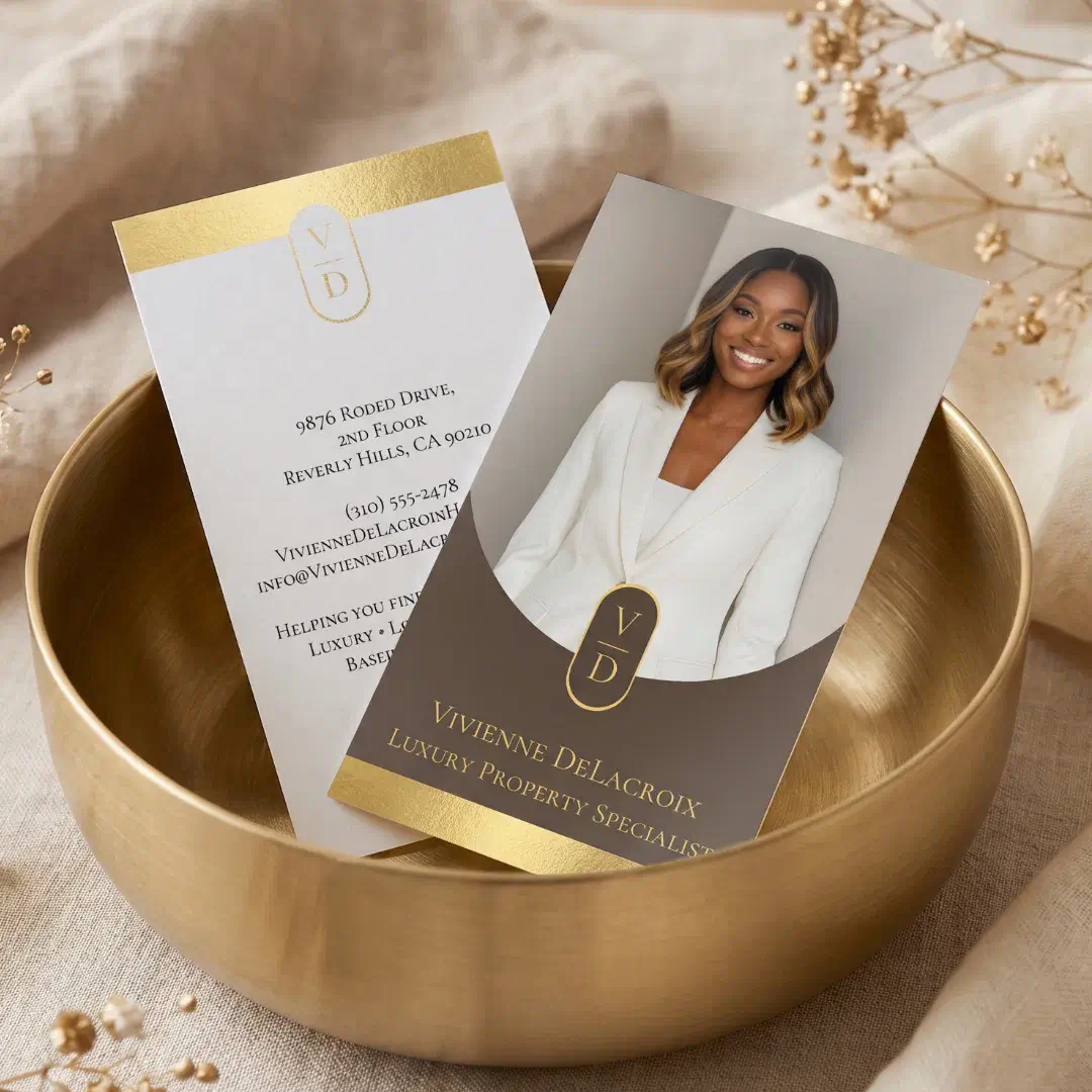 Luxury Modern Gold Arch Monogram Real Estate Photo Foil Business Cards