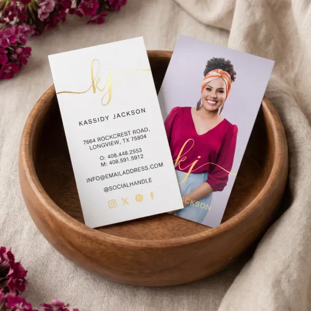 Minimal Elegant Script Monogram Professional Photo Foil Business Cards