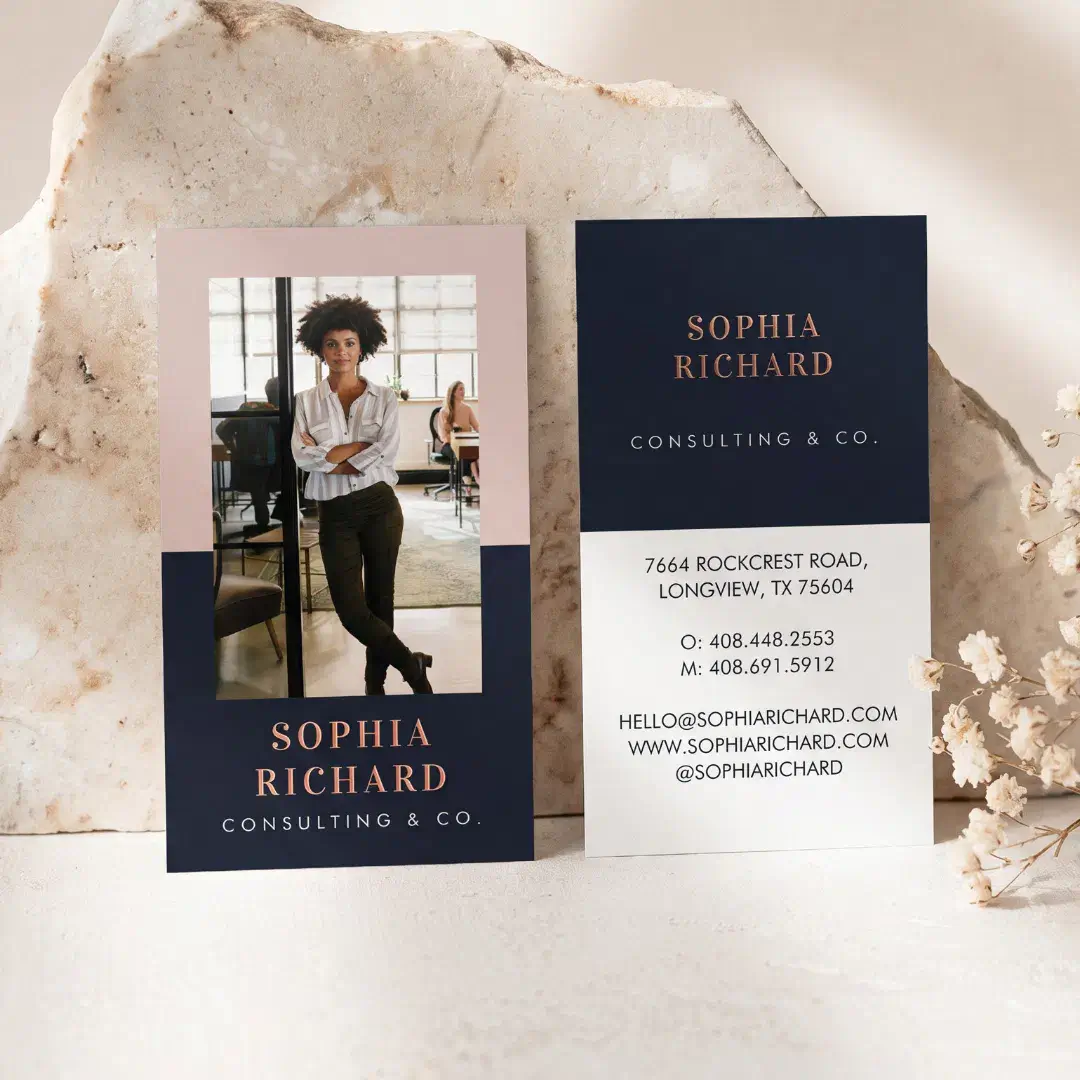 Modern Blush & Navy Chic Luxury Professional Photo Foil Business Cards