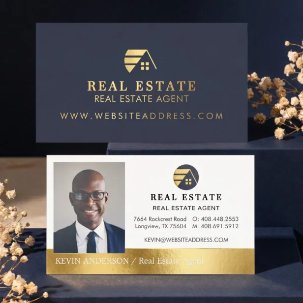Navy Gold Professional Real Estate Agent Photo Foil Business Cards