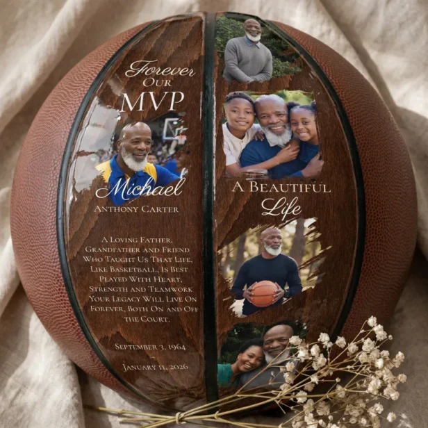 Personalized Memorial Photo Keepsake Woodgrain Basketball
