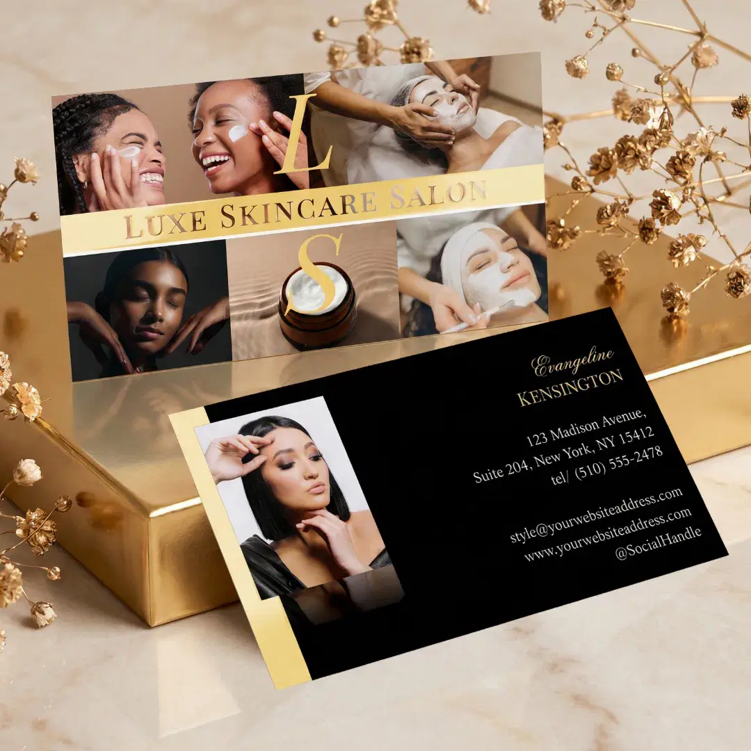 Photo Skincare Esthetician Monogram Black Gold Foil Business Cards