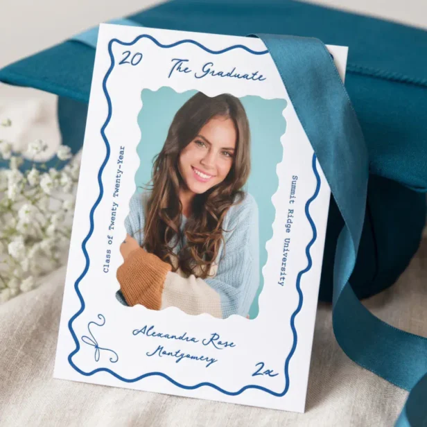 Retro Wavy Hand Drawn Bow Grad Photo Graduation Letterpress Photo Cards