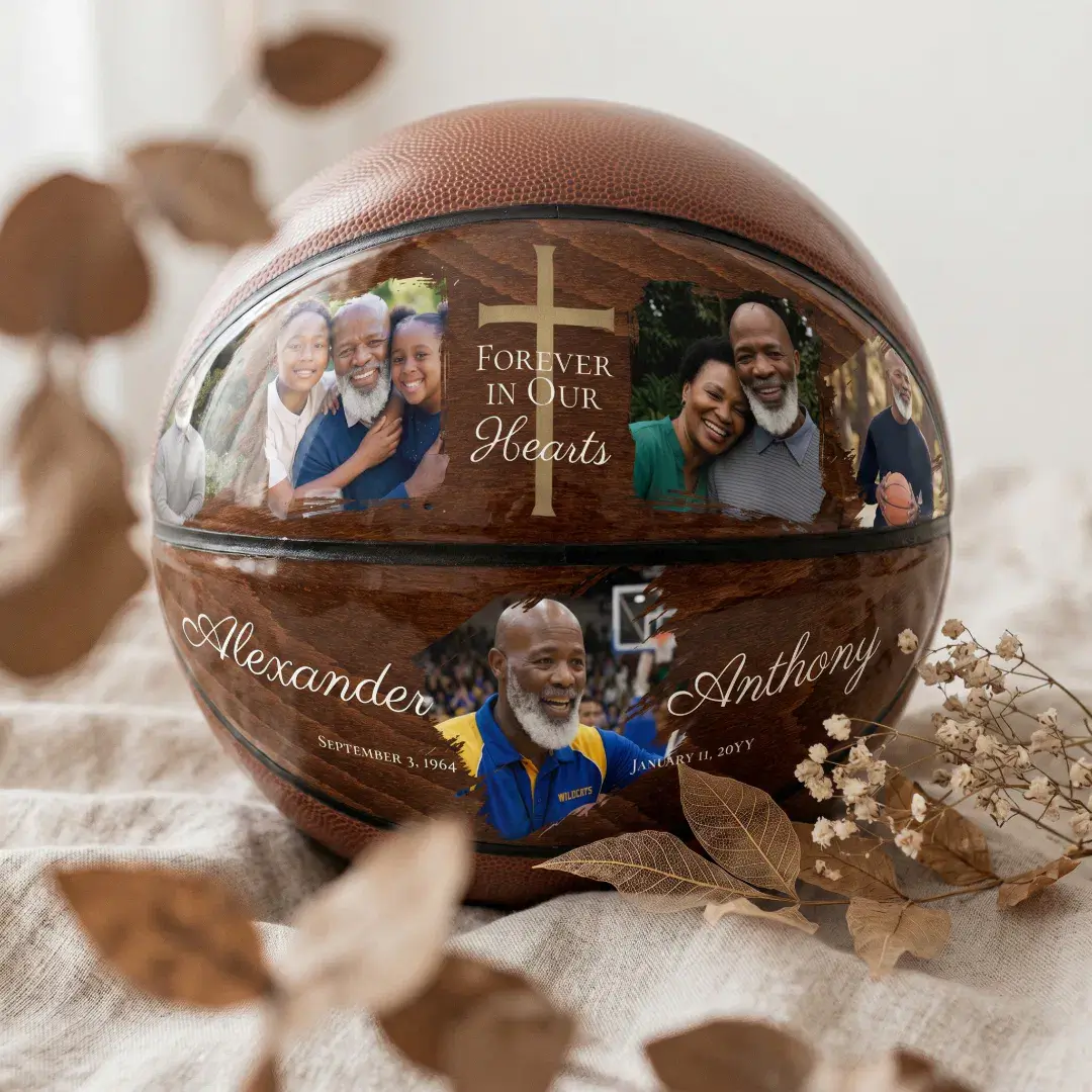 Sport Memorial Photo Keepsake Woodgrain Cross Basketball
