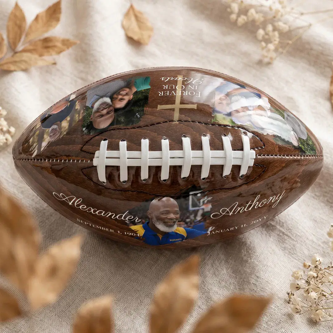 Sport Memorial Photo Keepsake Woodgrain Cross Football
