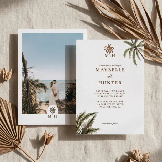 Tropical Watercolor Palm Trees Boho Wedding Photo Letterpress Photo Cards