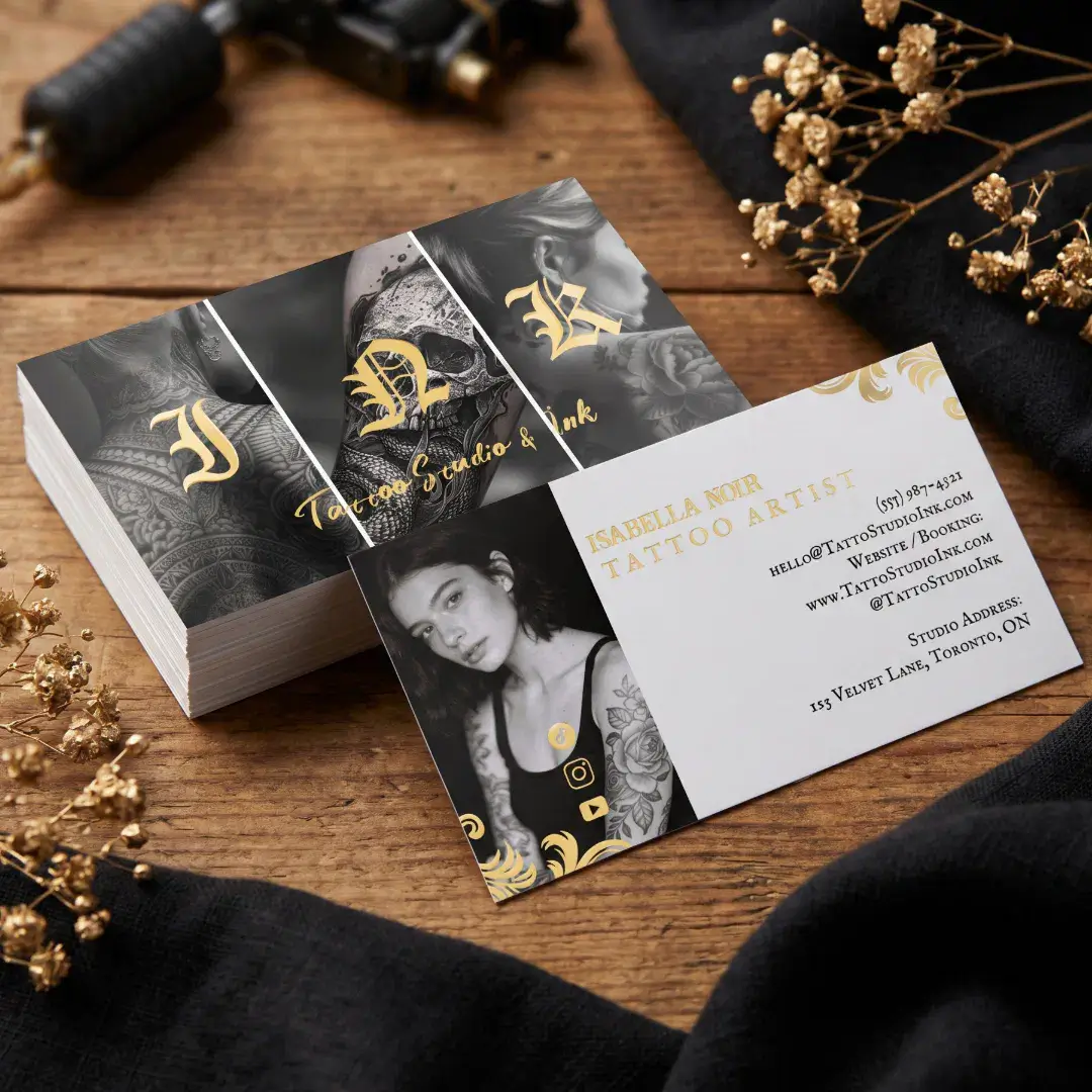 Vintage Black Gothic Tattoo Parlor Shop Photo Foil Business Cards