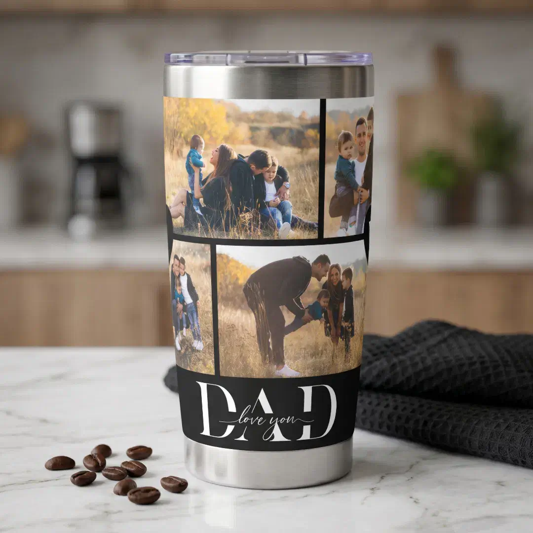 Make Dad feel loved every day with this We Love You Dad Personalized Father Photo Collage Insulated Tumbler, a heartfelt keepsake designed to turn favorite memories into a meaningful gift. This modern, simple design features an eight-photo collage with elegant DAD typography, with the phrase “Love You” flowing across the center, creating a beautiful focal point that blends sentiment with timeless style. Perfect as a Father’s Day gift, birthday present for Dad, Christmas gift, new dad surprise, or family keepsake, this insulated tumbler is both practical and deeply personal. Customize it with your own photos, add a special message or loved ones’ names, and finish the look with a delicate heart monogram for an extra-personal touch. The clean, minimalist layout and modern typography create a stylish drinkware piece Dad will be proud to carry wherever she goes. This personalized photo tumbler makes a wonderful gift from kids, daughters, sons, or the whole family — a daily reminder of how much he means to you. Design by Moodthology Papery