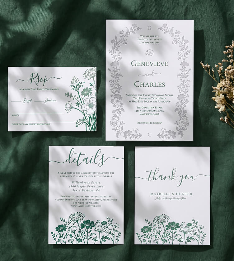 Botanical Boho Wildflower Letterpress Wedding
