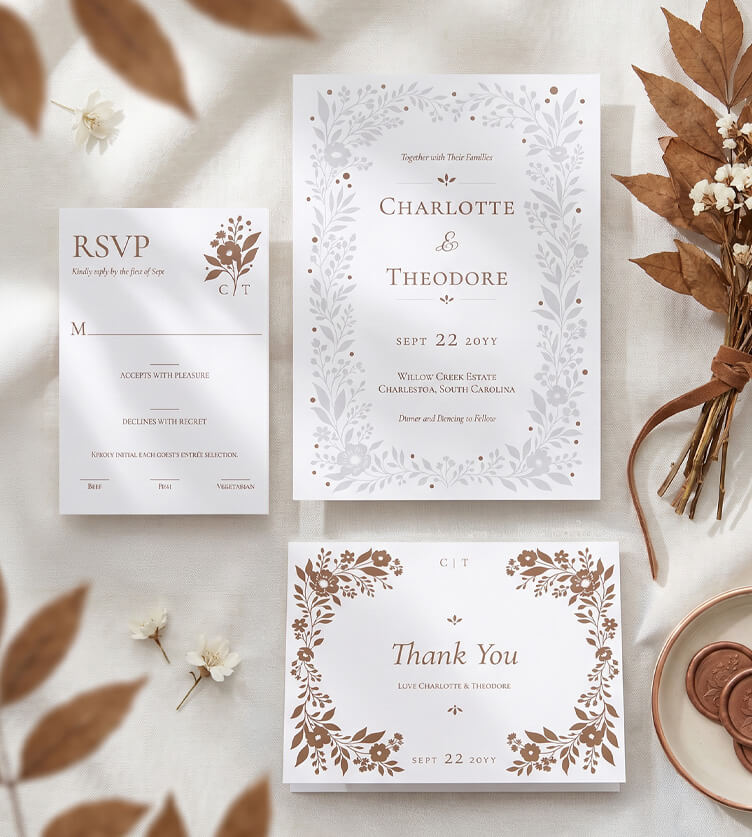 Elegant Floral Leaf Frame Letterpress Wedding