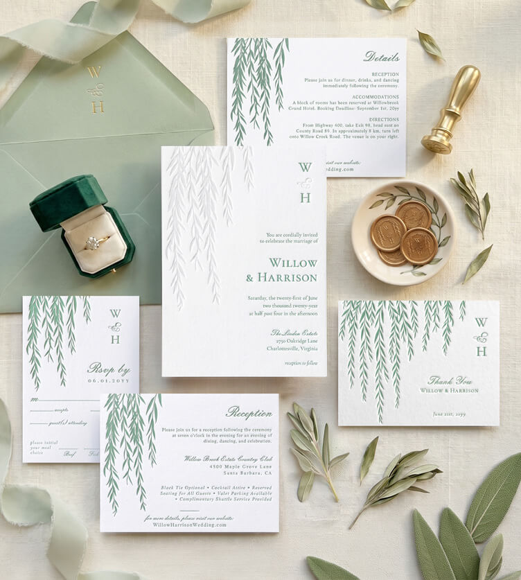 Modern Willow Tree Foliage Letterpress Wedding