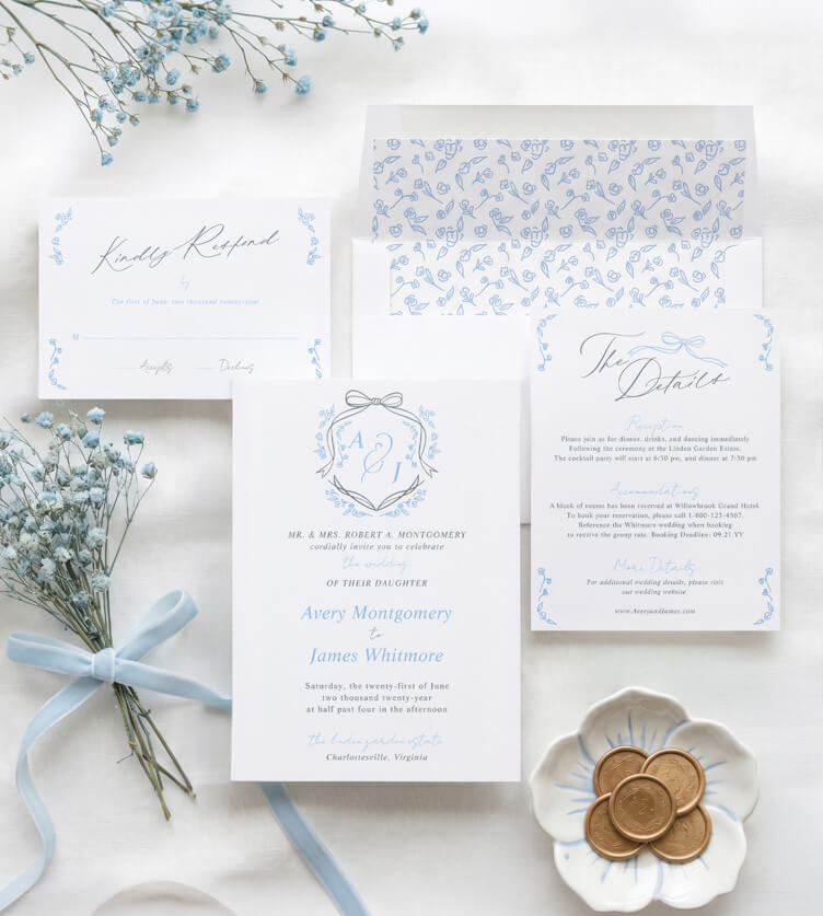 Vintage Bow Crest Monogram Letterpress Wedding
