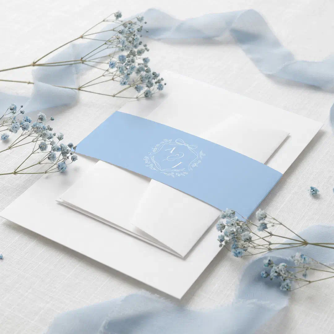 Blue Vintage Bow Floral Crest Monogram Wedding Invitation Belly Band