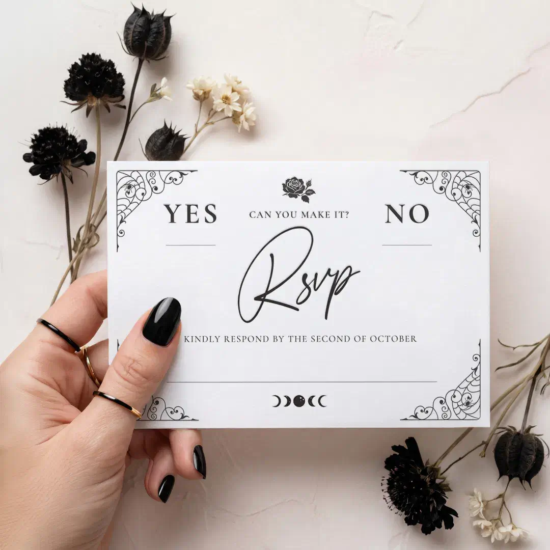 Dark Elegant Gothic Halloween Wedding Spirit Board Letterpress RSVP Cards