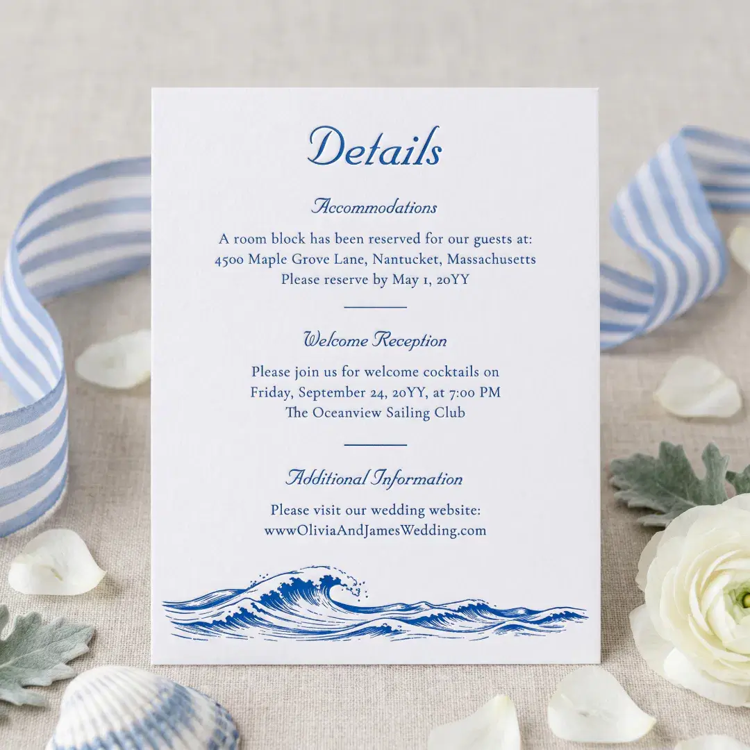 Elegant Blue Coastal Wave Nautical Wedding Details Letterpress Enclosure Card