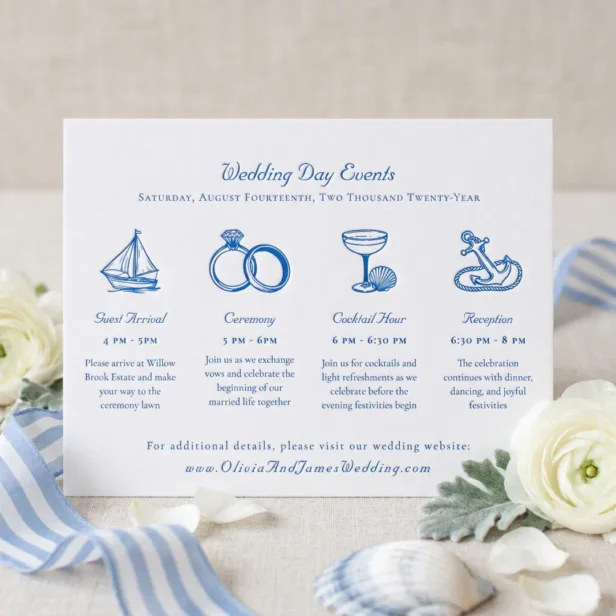 Elegant Blue Coastal Wedding Day Event Details Letterpress Enclosure Card