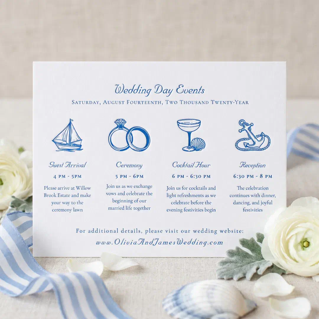 Elegant Blue Coastal Wedding Day Event Details Letterpress Enclosure Card