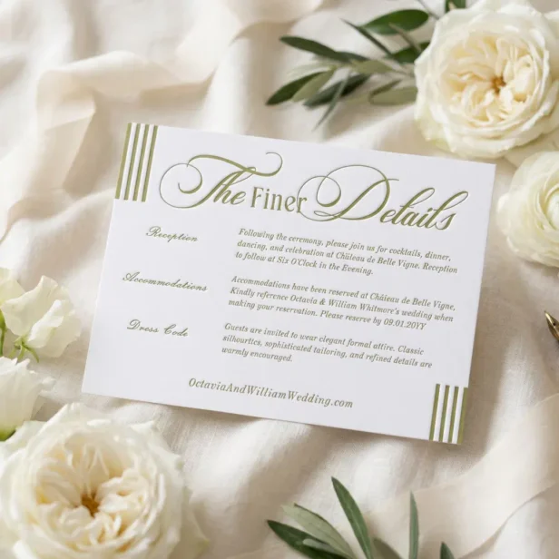 Elegant Chic Green Parisian Stripe Wedding Details Letterpress Enclosure Card