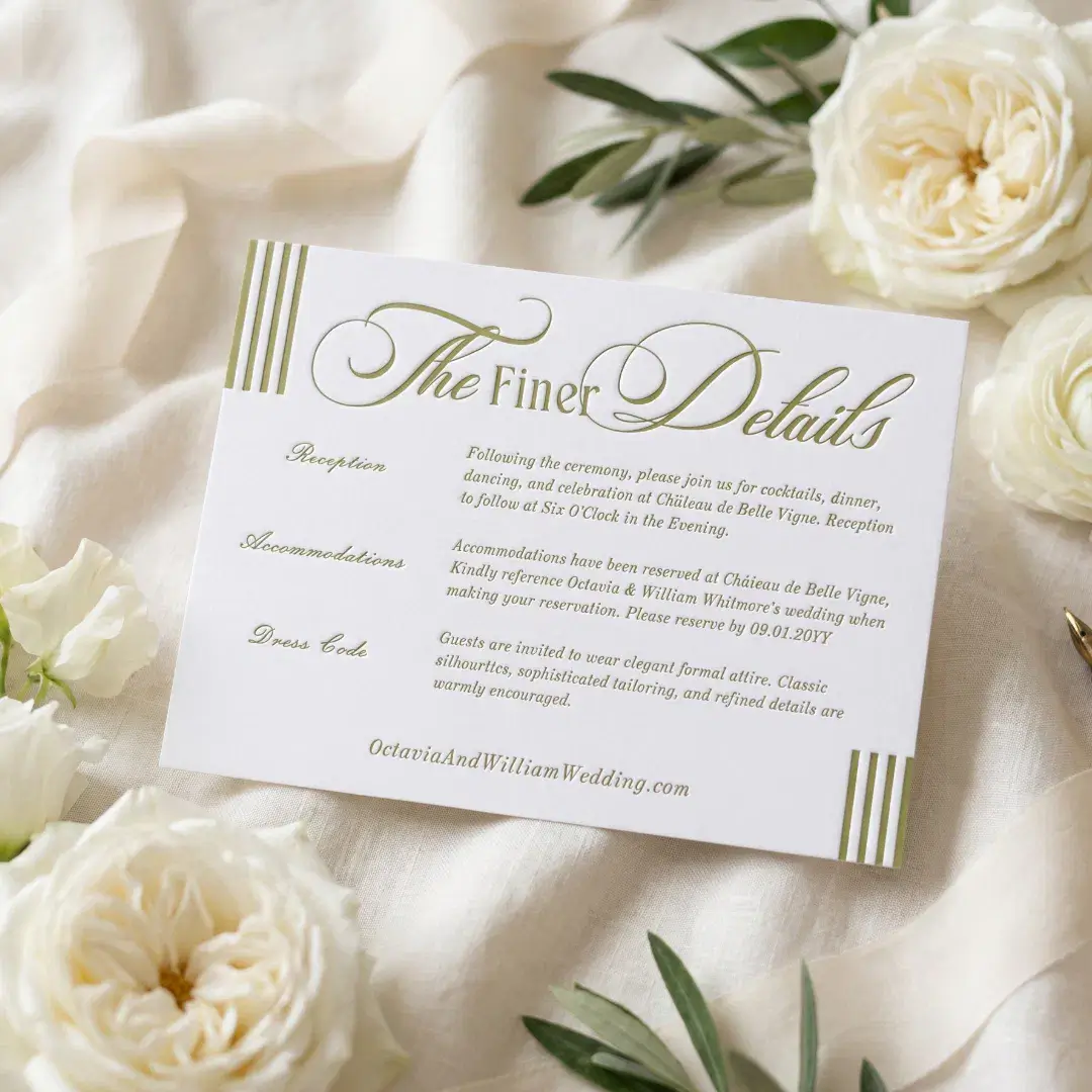 Elegant Chic Green Parisian Stripe Wedding Details Letterpress Enclosure Card