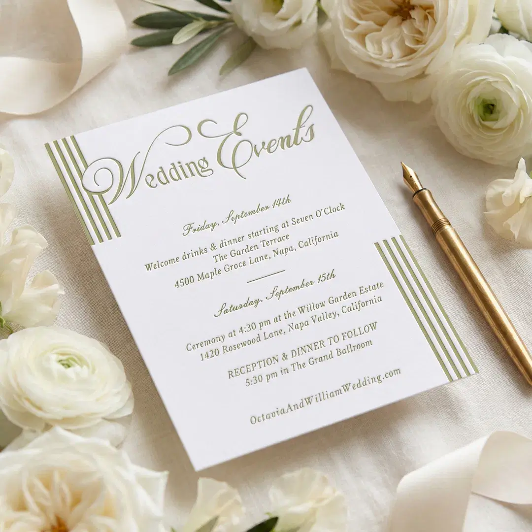 Elegant Chic Green Parisian Stripe Wedding Events Letterpress Enclosure Card
