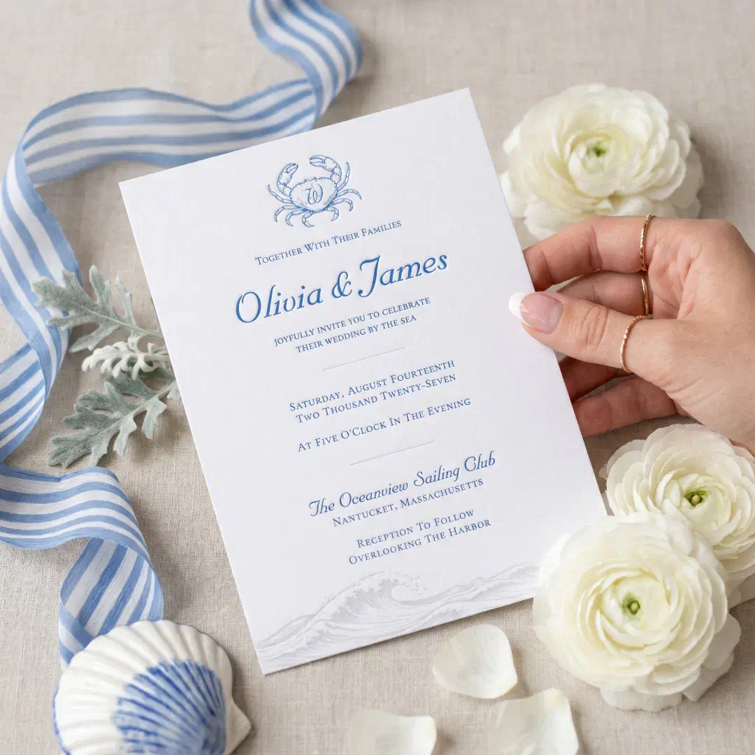 Elegant Costal Nautical Crab Monogram Wedding Letterpress Invitation