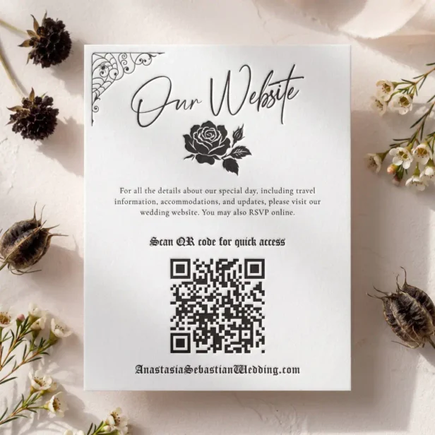 Elegant Dark Gothic Floral Rose Wedding Website QR Letterpress Enclosure Card